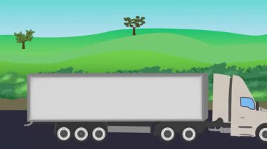Otomobil yolda çalışıyor, 2D çizgi film animasyonu doğa alanları ve ağaçlar arka planda