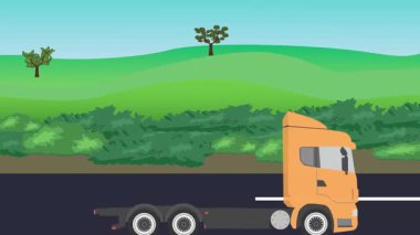 Otomobil yolda çalışıyor, 2D çizgi film animasyonu doğa alanları ve ağaçlar arka planda