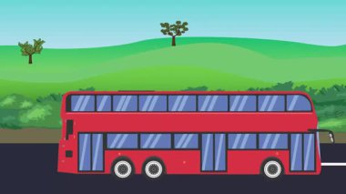 Otomobil yolda çalışıyor, 2D çizgi film animasyonu doğa alanları ve ağaçlar arka planda