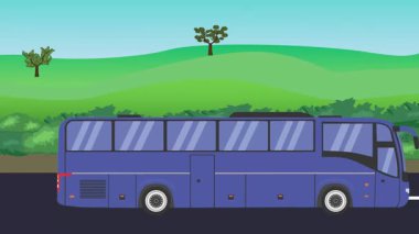 Otomobil yolda çalışıyor, 2D çizgi film animasyonu doğa alanları ve ağaçlar arka planda