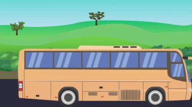 Otomobil yolda çalışıyor, 2D çizgi film animasyonu doğa alanları ve ağaçlar arka planda