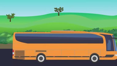 Otomobil yolda çalışıyor, 2D çizgi film animasyonu doğa alanları ve ağaçlar arka planda