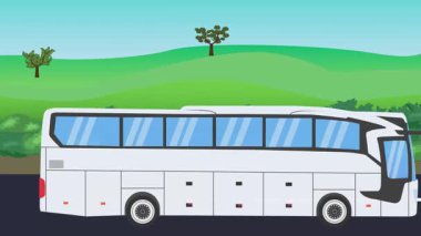 Otomobil yolda çalışıyor, 2D çizgi film animasyonu doğa alanları ve ağaçlar arka planda