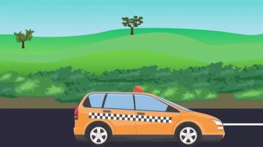 Otomobil yolda çalışıyor, 2D çizgi film animasyonu doğa alanları ve ağaçlar arka planda