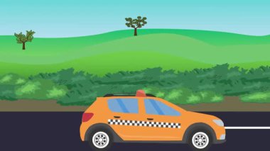 Otomobil yolda çalışıyor, 2D çizgi film animasyonu doğa alanları ve ağaçlar arka planda