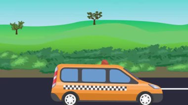 Otomobil yolda çalışıyor, 2D çizgi film animasyonu doğa alanları ve ağaçlar arka planda
