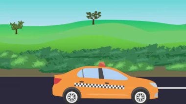 Otomobil yolda çalışıyor, 2D çizgi film animasyonu doğa alanları ve ağaçlar arka planda
