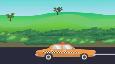 Auto car running on the road, 2d cartoon animation with nature fields and trees background