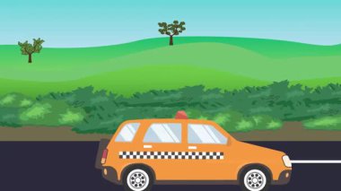 Otomobil yolda çalışıyor, 2D çizgi film animasyonu doğa alanları ve ağaçlar arka planda
