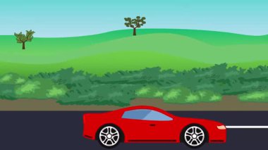 Otomobil yolda çalışıyor, 2D çizgi film animasyonu doğa alanları ve ağaçlar arka planda