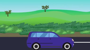 Auto car running on the road, 2d cartoon animation with nature fields and trees background