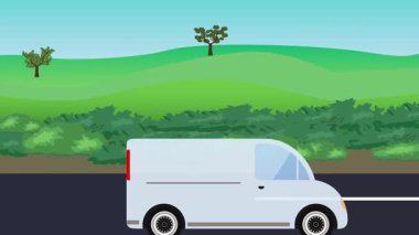 Otomobil yolda çalışıyor, 2D çizgi film animasyonu doğa alanları ve ağaçlar arka planda