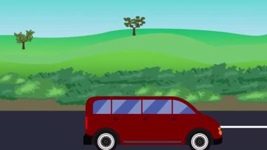 Auto car running on the road, 2d cartoon animation with nature fields and trees background