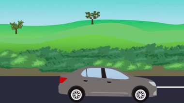 Otomobil yolda çalışıyor, 2D çizgi film animasyonu doğa alanları ve ağaçlar arka planda