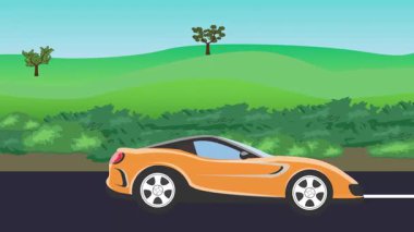 Otomobil yolda çalışıyor, 2D çizgi film animasyonu doğa alanları ve ağaçlar arka planda
