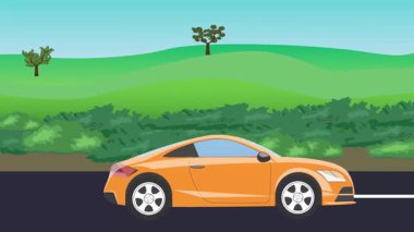 Otomobil yolda çalışıyor, 2D çizgi film animasyonu doğa alanları ve ağaçlar arka planda