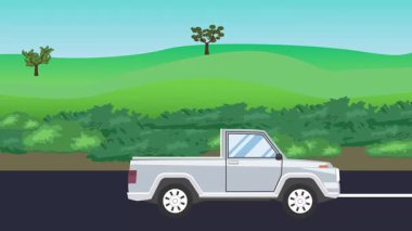Otomobil yolda çalışıyor, 2D çizgi film animasyonu doğa alanları ve ağaçlar arka planda