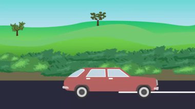 Auto car running on the road, 2d cartoon animation with nature fields and trees background