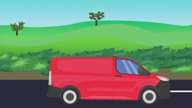 Otomobil yolda çalışıyor, 2D çizgi film animasyonu doğa alanları ve ağaçlar arka planda