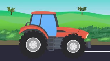 Otomobil yolda çalışıyor, 2D çizgi film animasyonu doğa alanları ve ağaçlar arka planda