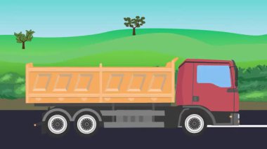 Otomobil yolda çalışıyor, 2D çizgi film animasyonu doğa alanları ve ağaçlar arka planda