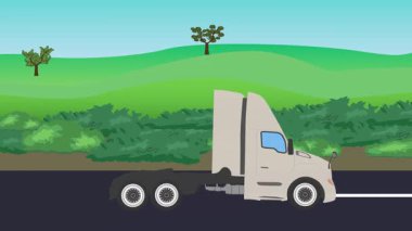 Otomobil yolda çalışıyor, 2D çizgi film animasyonu doğa alanları ve ağaçlar arka planda
