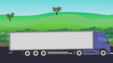 Otomobil yolda çalışıyor, 2D çizgi film animasyonu doğa alanları ve ağaçlar arka planda