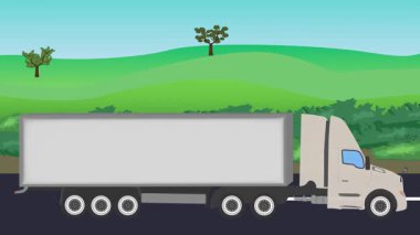 Otomobil yolda çalışıyor, 2D çizgi film animasyonu doğa alanları ve ağaçlar arka planda