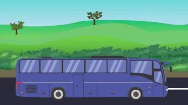 Otomobil yolda çalışıyor, 2D çizgi film animasyonu doğa alanları ve ağaçlar arka planda