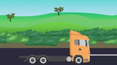 Otomobil yolda çalışıyor, 2D çizgi film animasyonu doğa alanları ve ağaçlar arka planda