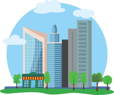 Modern şehir binaları tasarımı, düz çizgi film elemanı