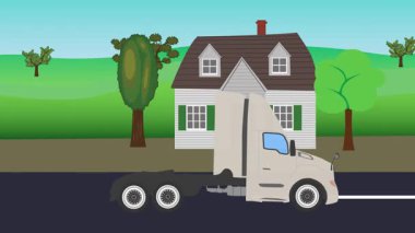 Çizgi film animasyonu, kırsal alan arkaplan görüntüsü yolda çalışan otomobil kamyonu