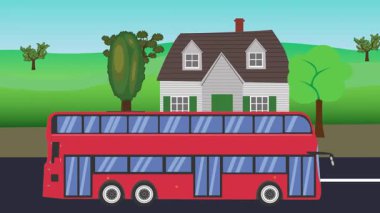 Çizgi film animasyonu, kırsal alan arkaplan görüntüsü yolda çalışan otomobil otobüsü