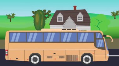 Çizgi film animasyonu, kırsal alan arkaplan görüntüsü yolda çalışan otomobil otobüsü