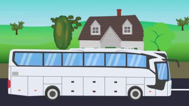 Çizgi film animasyonu, kırsal alan arkaplan görüntüsü yolda çalışan otomobil otobüsü