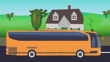 Çizgi film animasyonu, kırsal alan arkaplan görüntüsü yolda çalışan otomobil otobüsü