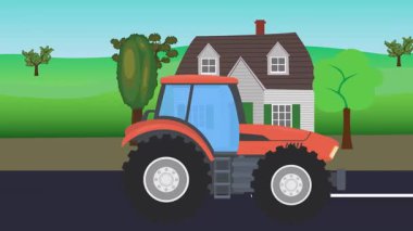 Çizgi film animasyonu üzerinde çalışan traktör, kırsal alan arkaplan görüntüsü