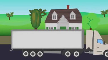 Çizgi film animasyonu, kırsal alan arkaplan görüntüsü yolda çalışan otomobil kamyonu