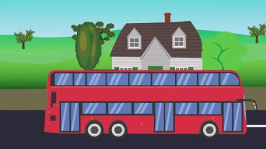 Çizgi film animasyonu, kırsal alan arkaplan görüntüsü yolda çalışan otomobil otobüsü