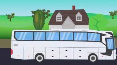 Çizgi film animasyonu, kırsal alan arkaplan görüntüsü yolda çalışan otomobil otobüsü