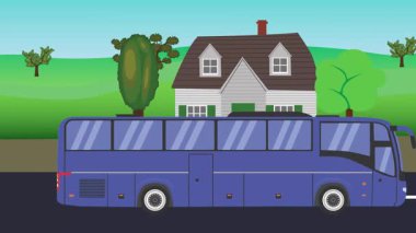 Çizgi film animasyonu, kırsal alan arkaplan görüntüsü yolda çalışan otomobil otobüsü