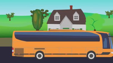 Çizgi film animasyonu, kırsal alan arkaplan görüntüsü yolda çalışan otomobil otobüsü