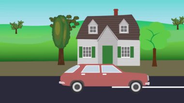 Çizgi film animasyonu, kırsal alan arkaplan görünümünde otomatik mobil çalışıyor