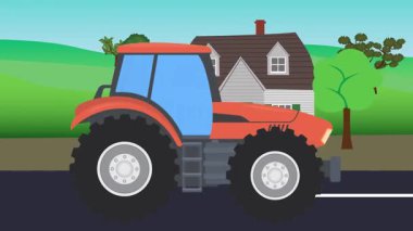Çizgi film animasyonu üzerinde çalışan traktör, kırsal alan arkaplan görüntüsü