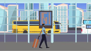 Otobüs durağında yürüyen turistlerin karikatür animasyonları, şehrin arka planında gezinen