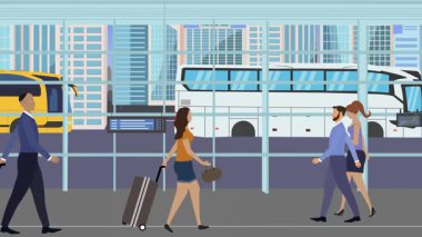 Otobüs durağında yürüyen, şehrin arka planında gezen insanların çizgi film animasyonu.