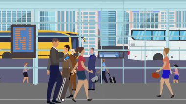 Otobüs durağında yürüyen, şehrin arka planında gezen insanların çizgi film animasyonu.