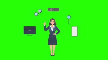 Ofis araçları, iş veya eğitim grafikleriyle çevrili ofis kadınlarıyla çizgi film animasyonu