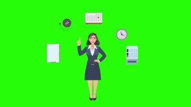 Ofis araçları, iş veya eğitim grafikleriyle çevrili ofis kadınlarıyla çizgi film animasyonu