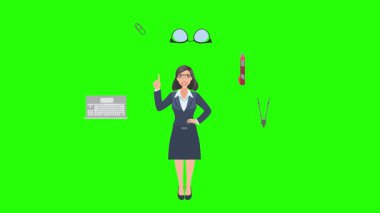 Ofis araçları, iş veya eğitim grafikleriyle çevrili ofis kadınlarıyla çizgi film animasyonu